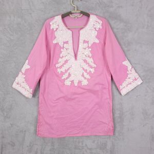 Barbara Gerwit Top Tunic Womens Pink M Embellished Beaded Pure Cotton Cover Up